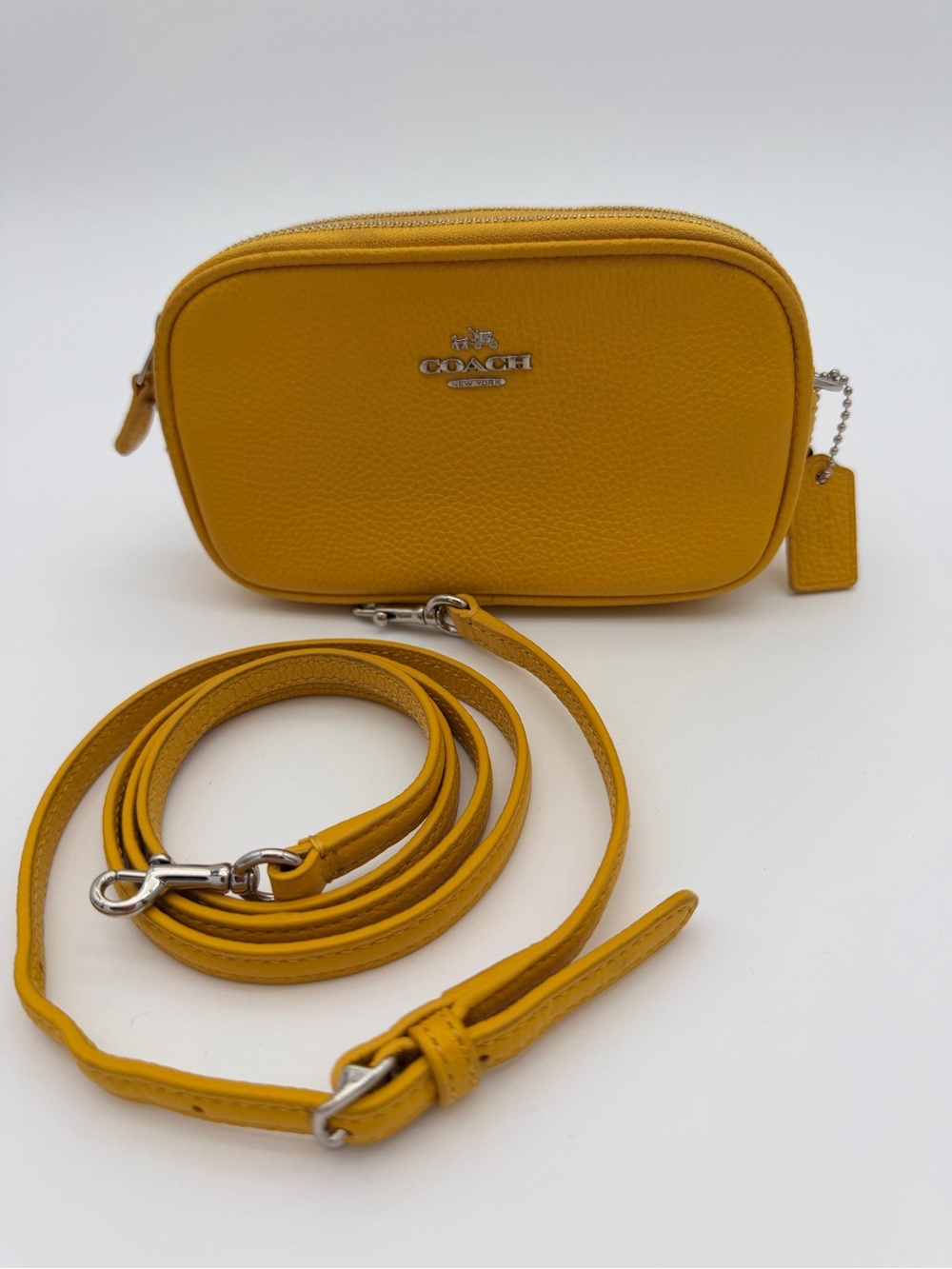 COACH Mini Jamie Pebbled Leather Camera Crossbody Bag in Mustard Yellow